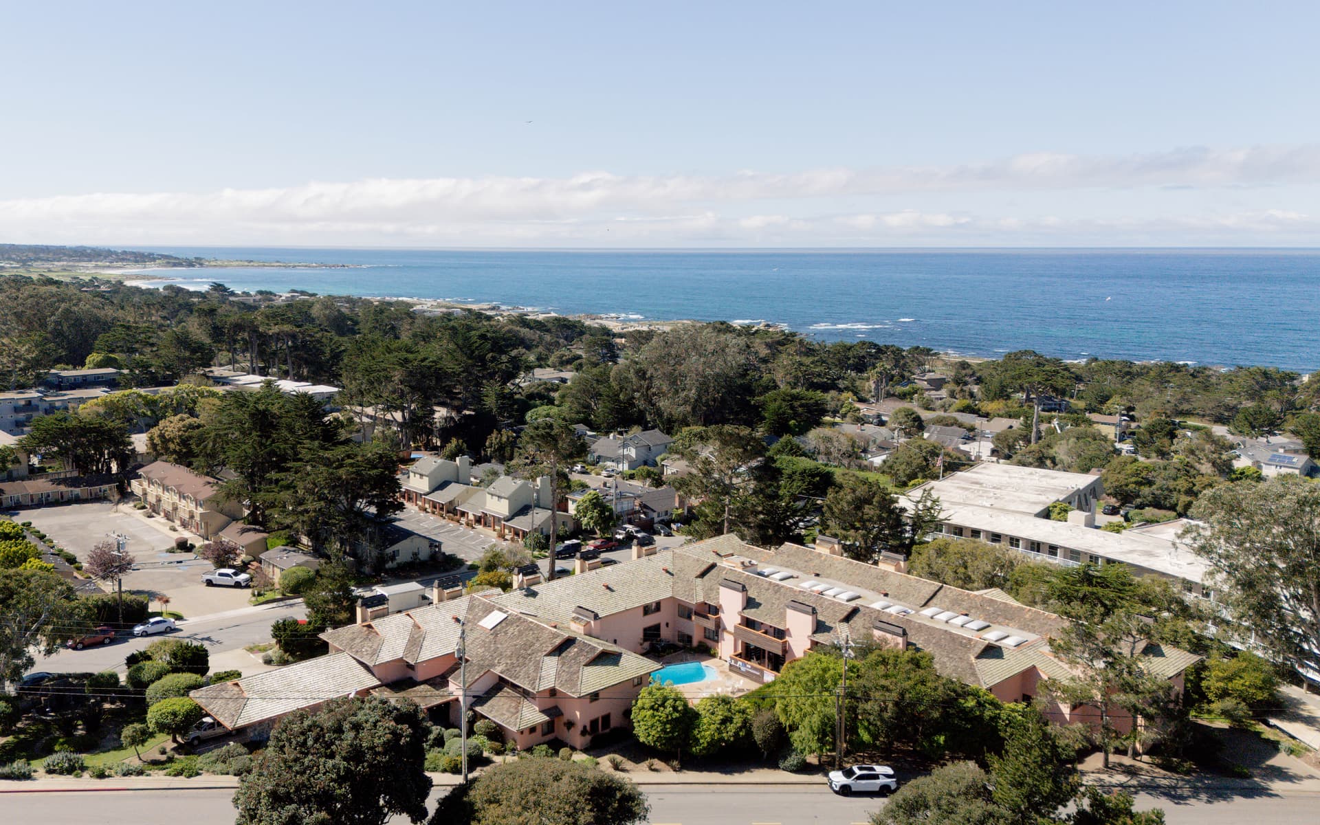 Bird's eye view of the Monarch Hotel property and the Pacific shoreline